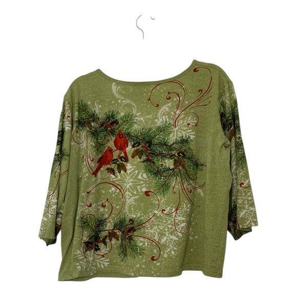 Collections Etc V Neck 3/4 Sleeve Green Blouse with Cardinal Design Size XL - Picture 3 of 8
